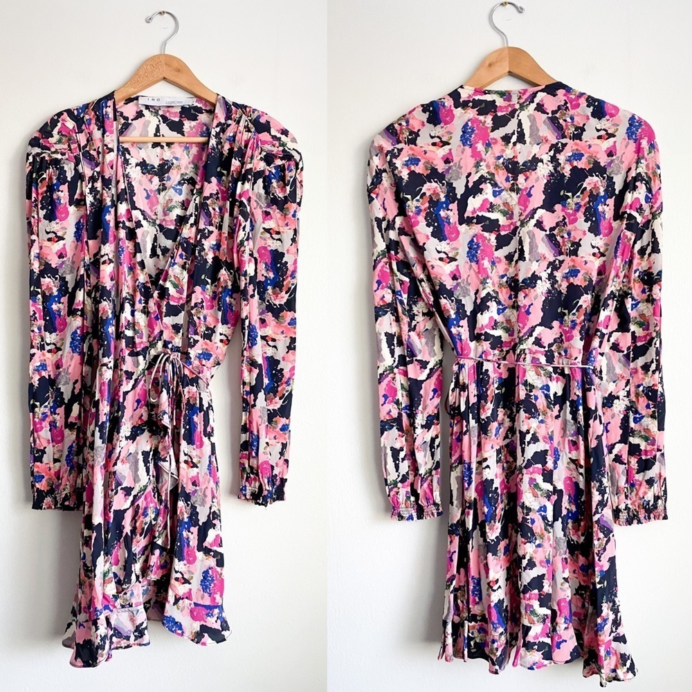 $435‼️IRO Bloomy Printed Pleated Long Sleeve Wrap Ruffle Mini Dress Watercolor 8 - Picture 9 of 13